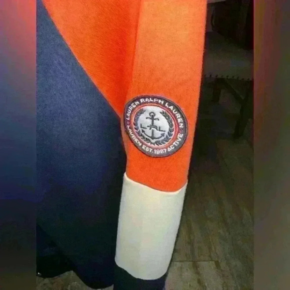 Lauren Ralph Lauren Orange Navy Womens XL Zip up Sweat Jacket W Sleeve Patch - Picture 3 of 4